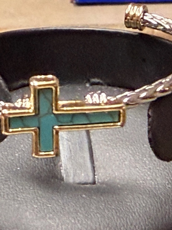 Jewelry - Gold-Plated Cross Bangle with Turquoise Inlay - Women Jewelry